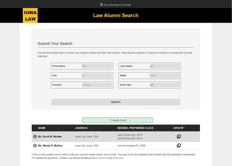 Law Alumni Directory Search Results View